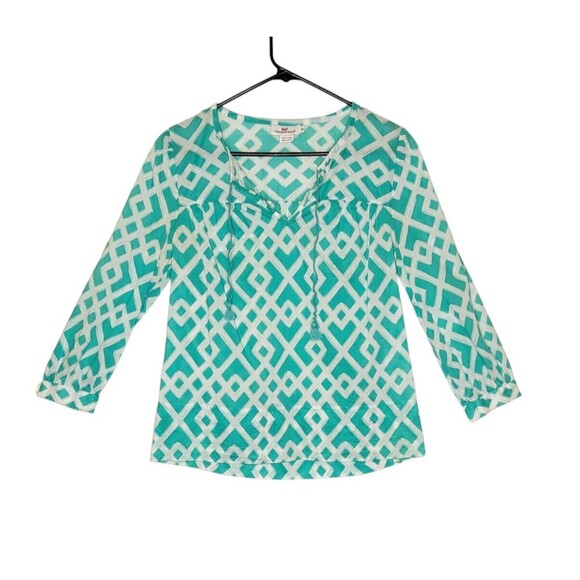 Vineyard Vines XS Green Diamond Lattice Tunic Blouse V-Neck Drawstring Tassel - Picture 1 of 4
